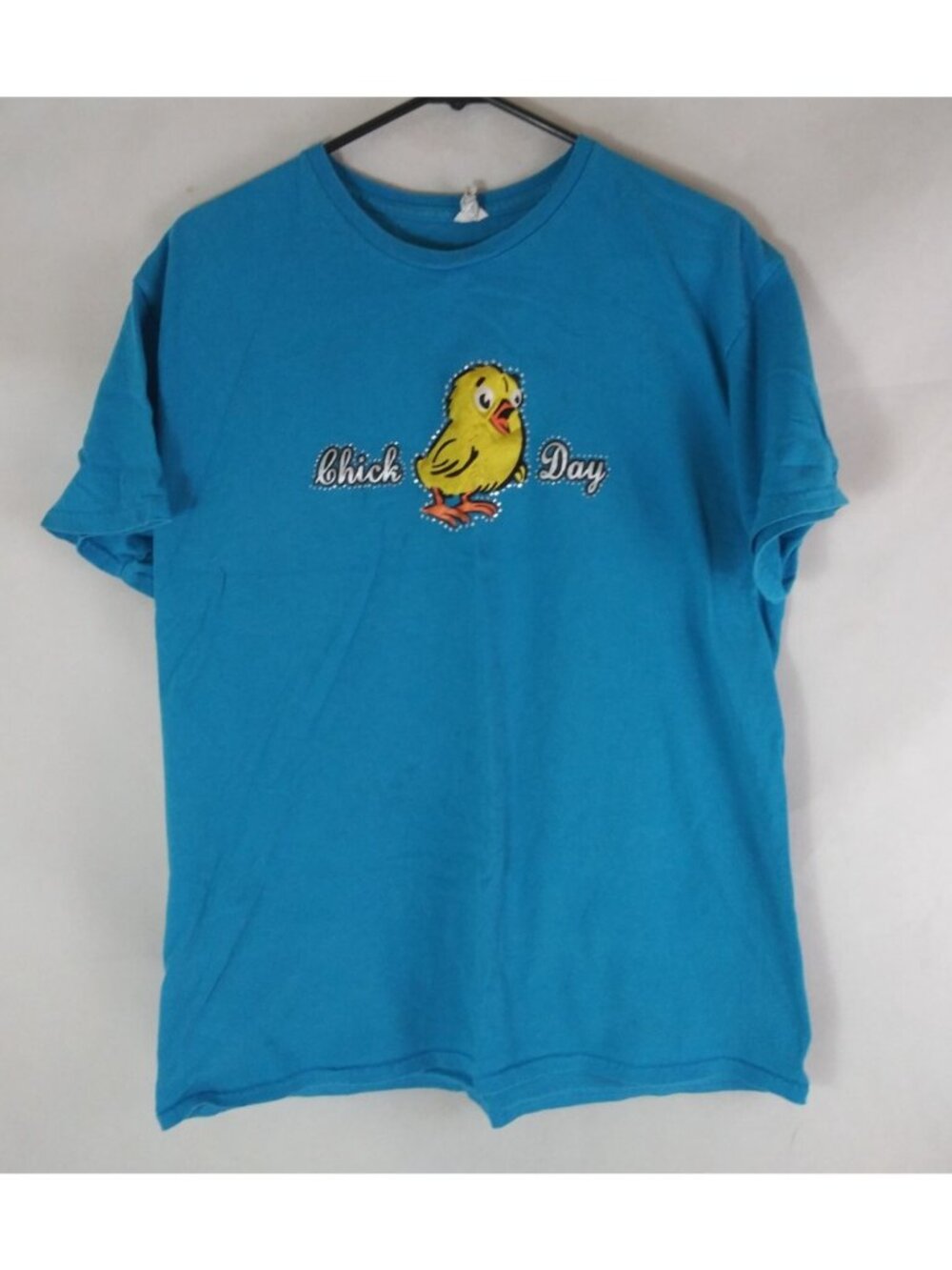 Vintage Women's Blue T-Shirt With Chick Day Chick Studded Design Size Large